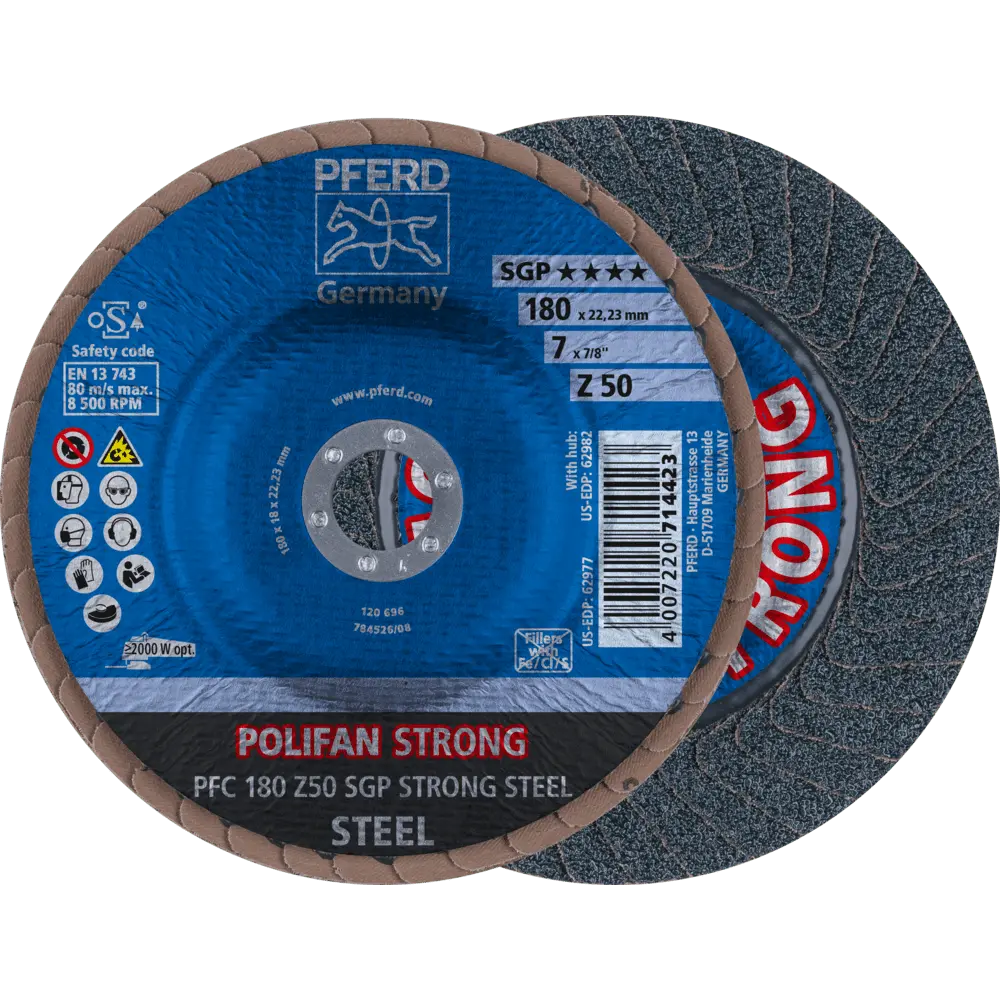 Produktfoto 1 von PFERD TOOLS POLIFAN STRONG Fächerscheibe PFC 180x22,23 mm konisch Z50 Speziallinie SGP STEEL für Stahl, 10 Stk.
