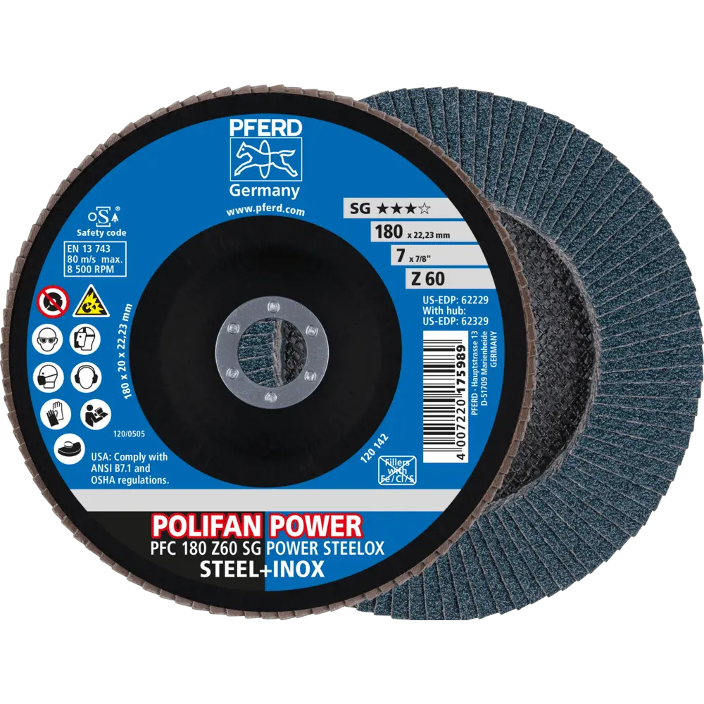 Produktfoto 1 von PFERD TOOLS POLIFAN POWER Fächerscheibe PFC 180x22,23 mm konisch Z60 SG STEELOX Stahl/Edelstahl, 10 Stk.