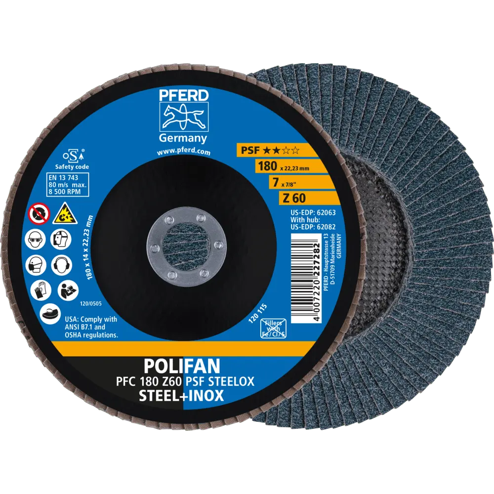 PFERD TOOLS POLIFAN Fächerscheibe PFC 180x22,23 mm konisch Z60 Uni.-Linie PSF STEELOX Stahl/Edelstahl, 10 Stk.