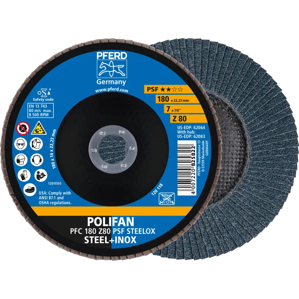 Produktfoto 1 von PFERD TOOLS POLIFAN Fächerscheibe PFC 180x22,23 mm konisch Z80 Uni.-Linie PSF STEELOX Stahl/Edelstahl, 10 Stk.