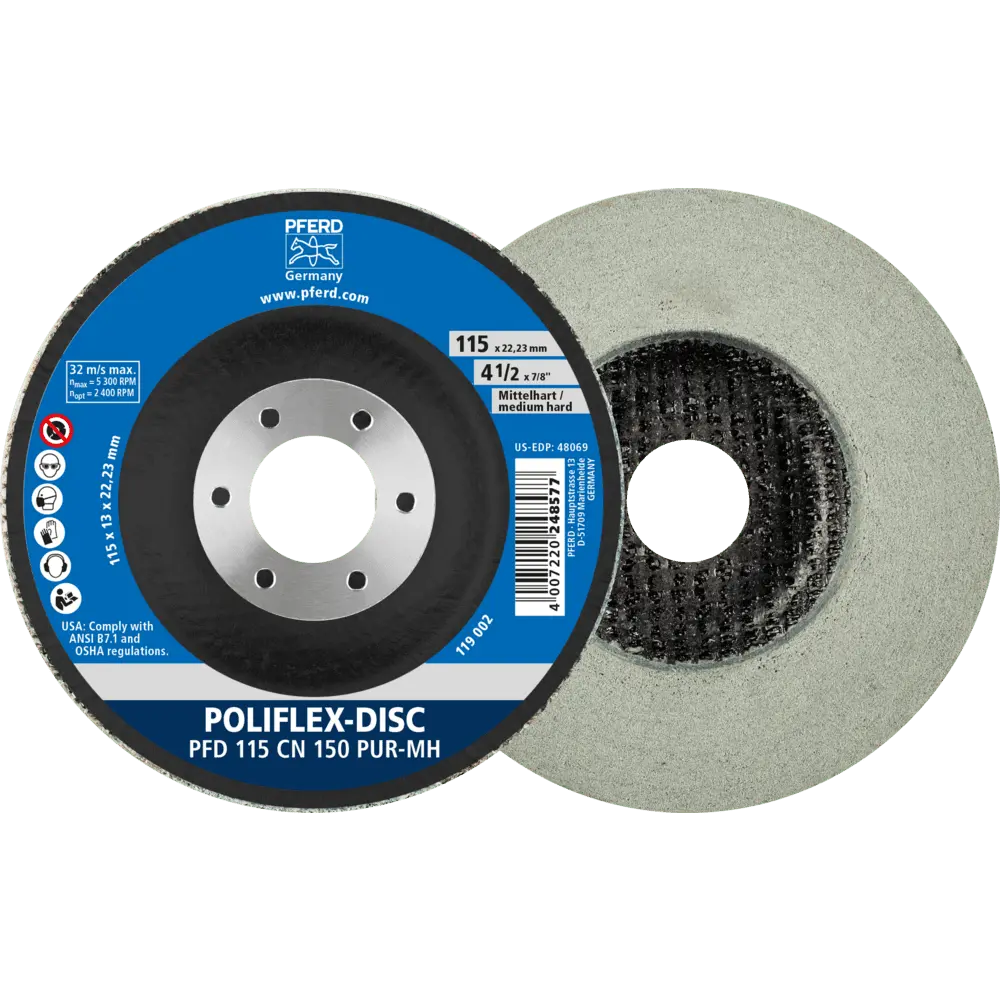 Produktfoto 1 von PFERD TOOLS Poliflex Disc PFD Ø 115x14 mm Bohrung-Ø 22,23 mm Bindung PUR Mittelhart SIC150, 5 Stk.