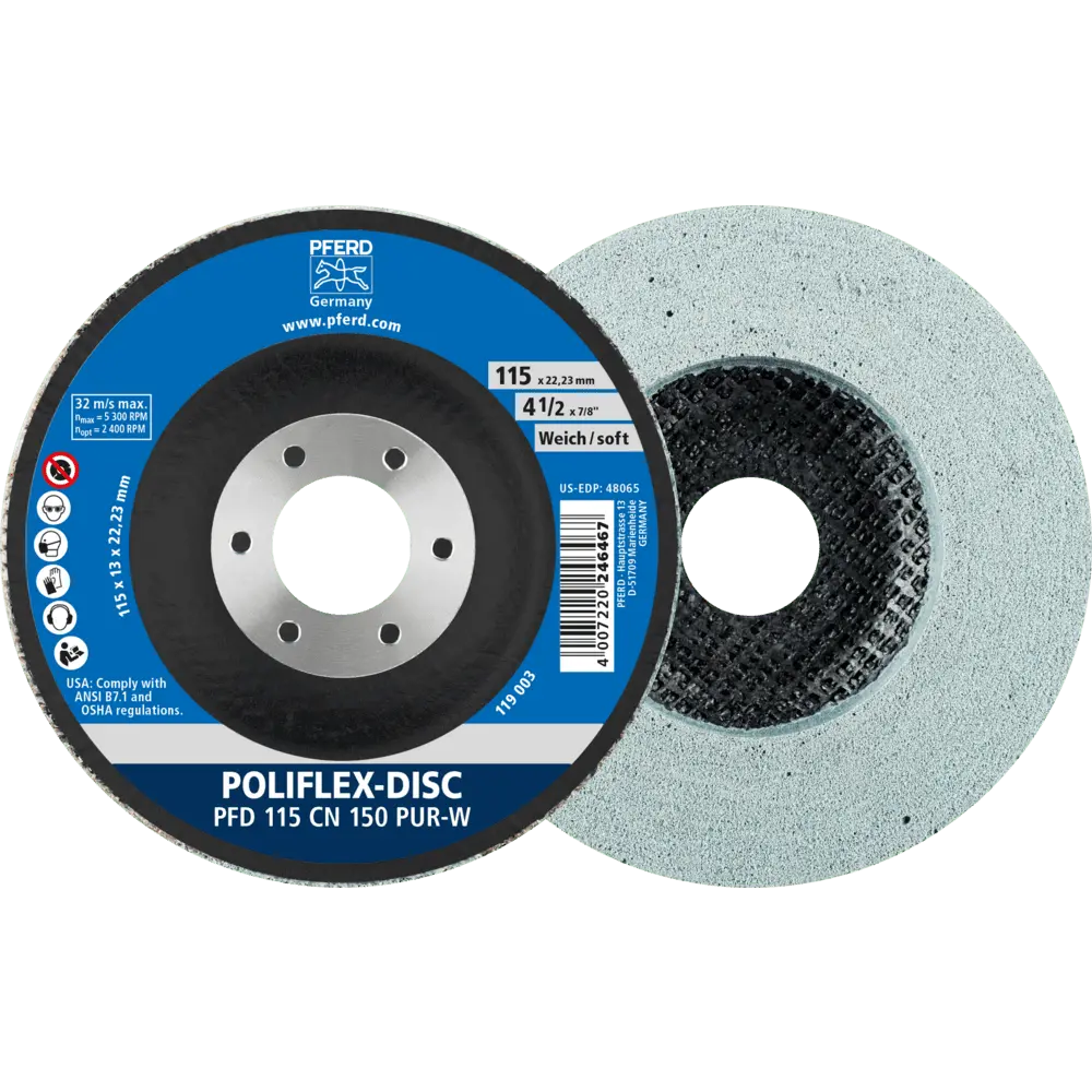 Produktfoto 1 von PFERD TOOLS Poliflex Disc PFD Ø 115x14 mm Bohrung-Ø 22,23 mm Bindung PUR Weich SIC150, 5 Stk.