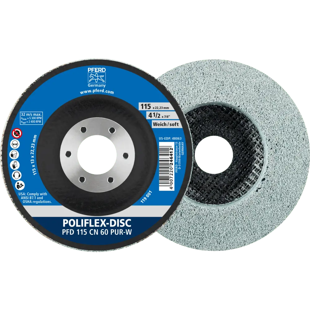 Produktfoto 1 von PFERD TOOLS Poliflex Disc PFD Ø 115x14 mm Bohrung-Ø 22,23 mm Bindung PUR Weich SIC60, 5 Stk.