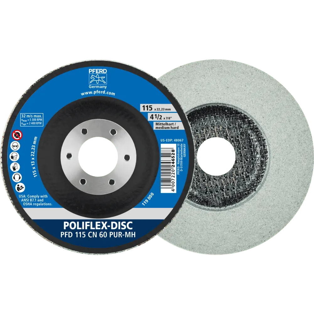 Produktfoto 1 von PFERD TOOLS Poliflex Disc PFD Ø 115x14 mm Bohrung-Ø 22,23 mm Bindung PUR Mittelhart SIC60, 5 Stk.