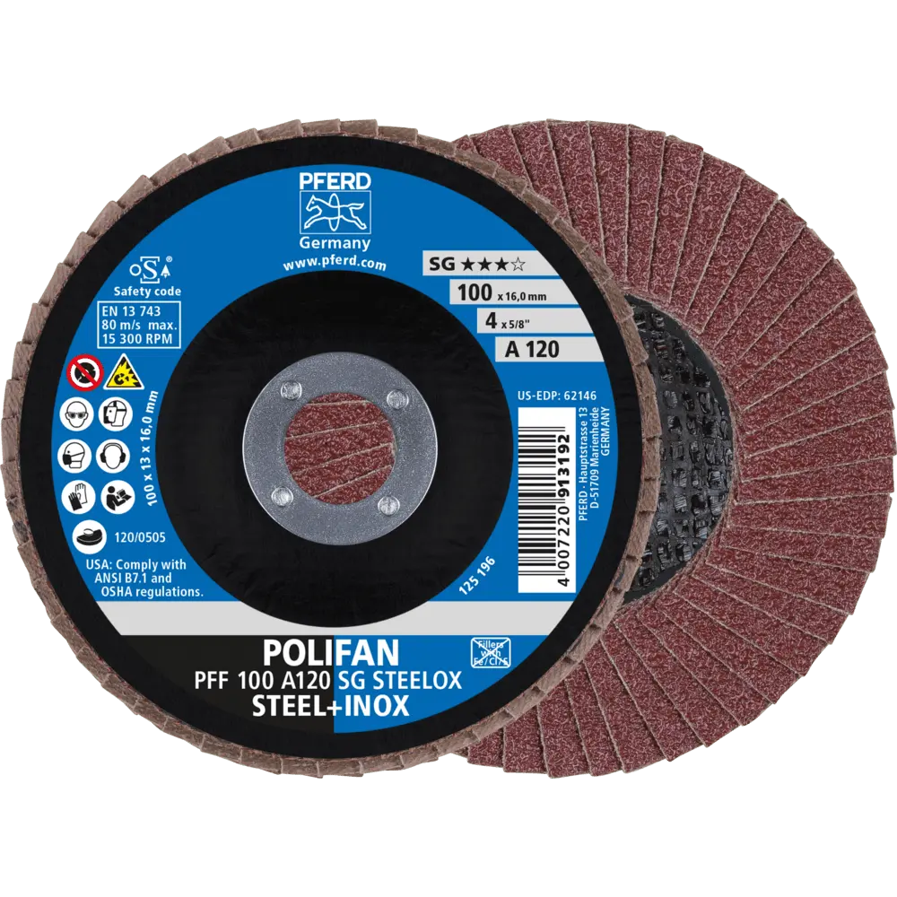 Produktfoto 1 von PFERD TOOLS POLIFAN Fächerscheibe PFF 100x16 mm flach A120 Leistungslinie SG STEELOX Stahl/Edelstahl, 10 Stk.