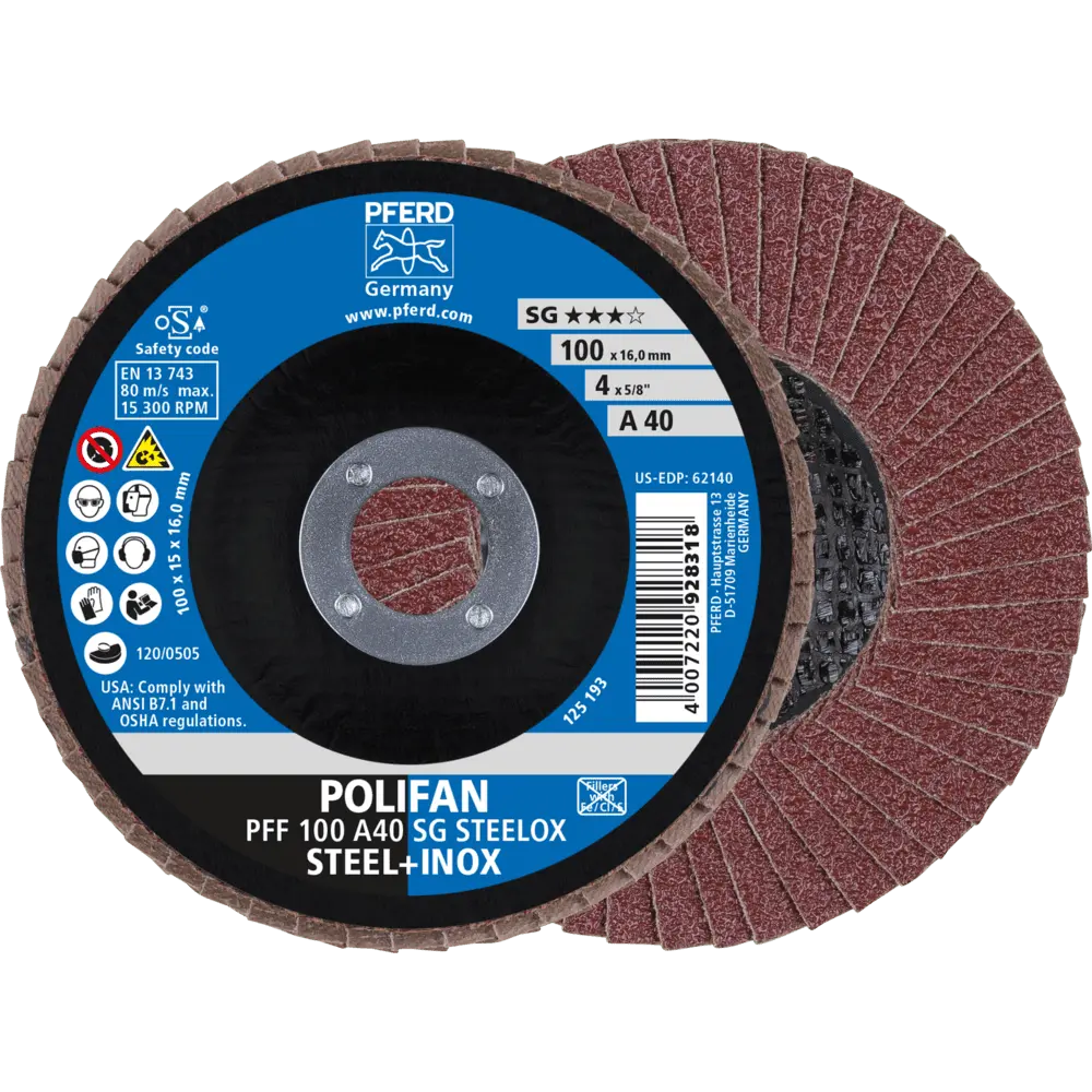 Produktfoto 1 von PFERD TOOLS POLIFAN Fächerscheibe PFF 100x16 mm flach A40 Leistungslinie SG STEELOX Stahl/Edelstahl, 10 Stk.
