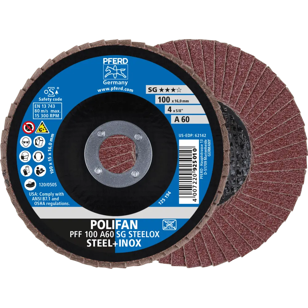 Produktfoto 1 von PFERD TOOLS POLIFAN Fächerscheibe PFF 100x16 mm flach A60 Leistungslinie SG STEELOX Stahl/Edelstahl, 10 Stk.