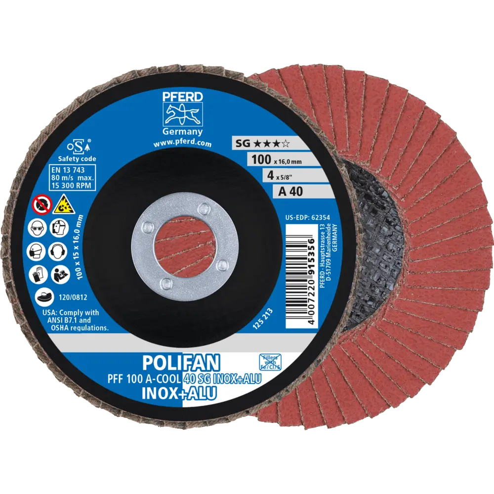 Produktfoto 1 von PFERD TOOLS POLIFAN Fächerscheibe PFF 100x16 mm flach A-COOL 40 SG INOX+ALU Edelstahl/Alu, 10 Stk.