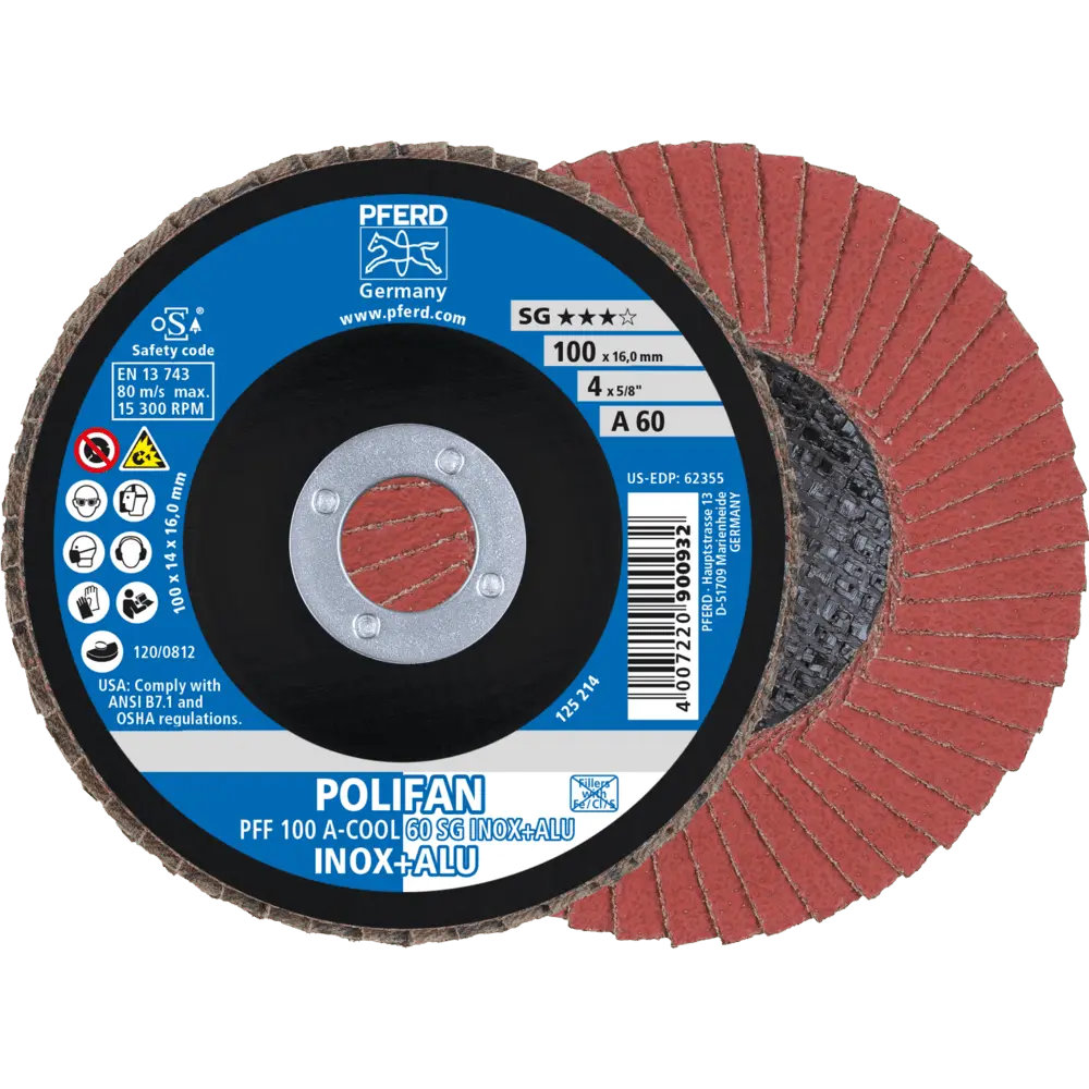 Produktfoto 1 von PFERD TOOLS POLIFAN Fächerscheibe PFF 100x16 mm flach A-COOL 60 SG INOX+ALU Edelstahl/Alu, 10 Stk.