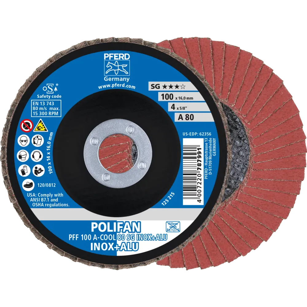 Produktfoto 1 von PFERD TOOLS POLIFAN Fächerscheibe PFF 100x16 mm flach A-COOL 80 SG INOX+ALU Edelstahl/Alu, 10 Stk.