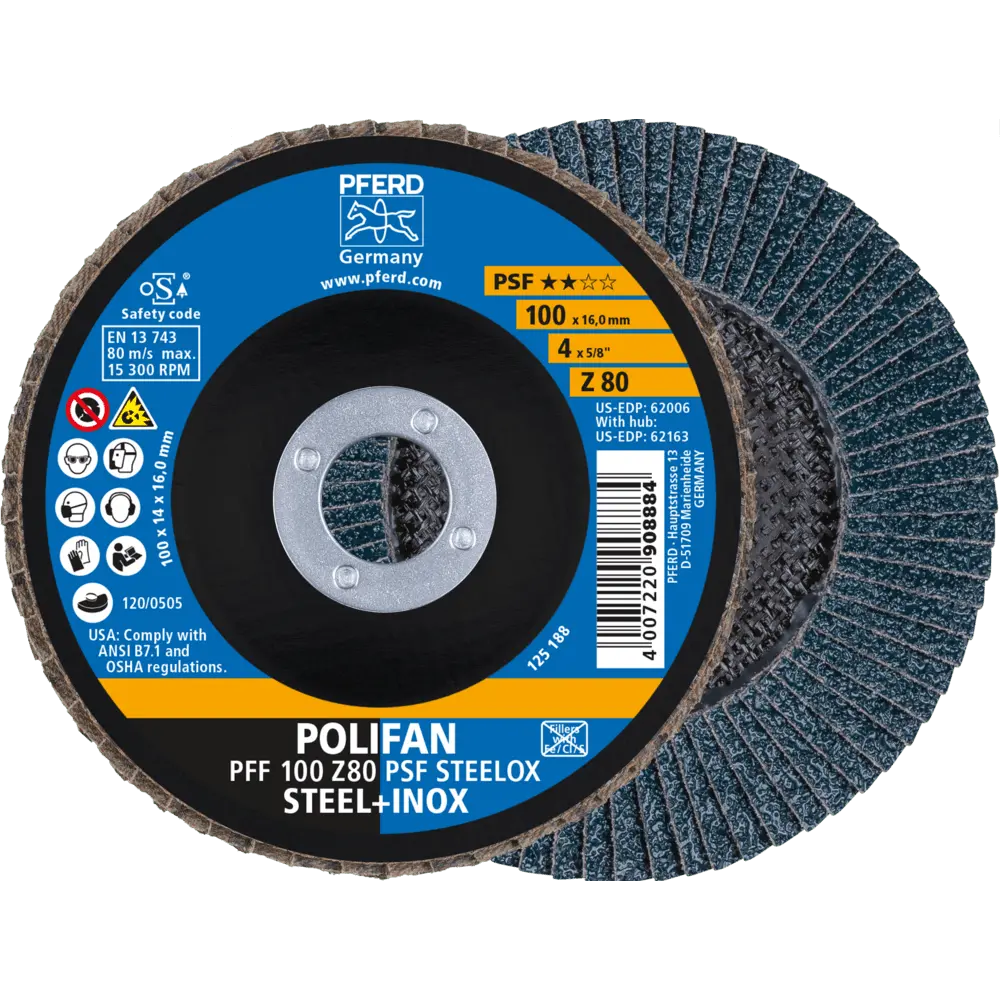 Produktfoto 1 von PFERD TOOLS POLIFAN Fächerscheibe PFF 100x16 mm flach Z80 Universallinie PSF STEELOX Stahl/Edelstahl, 10 Stk.