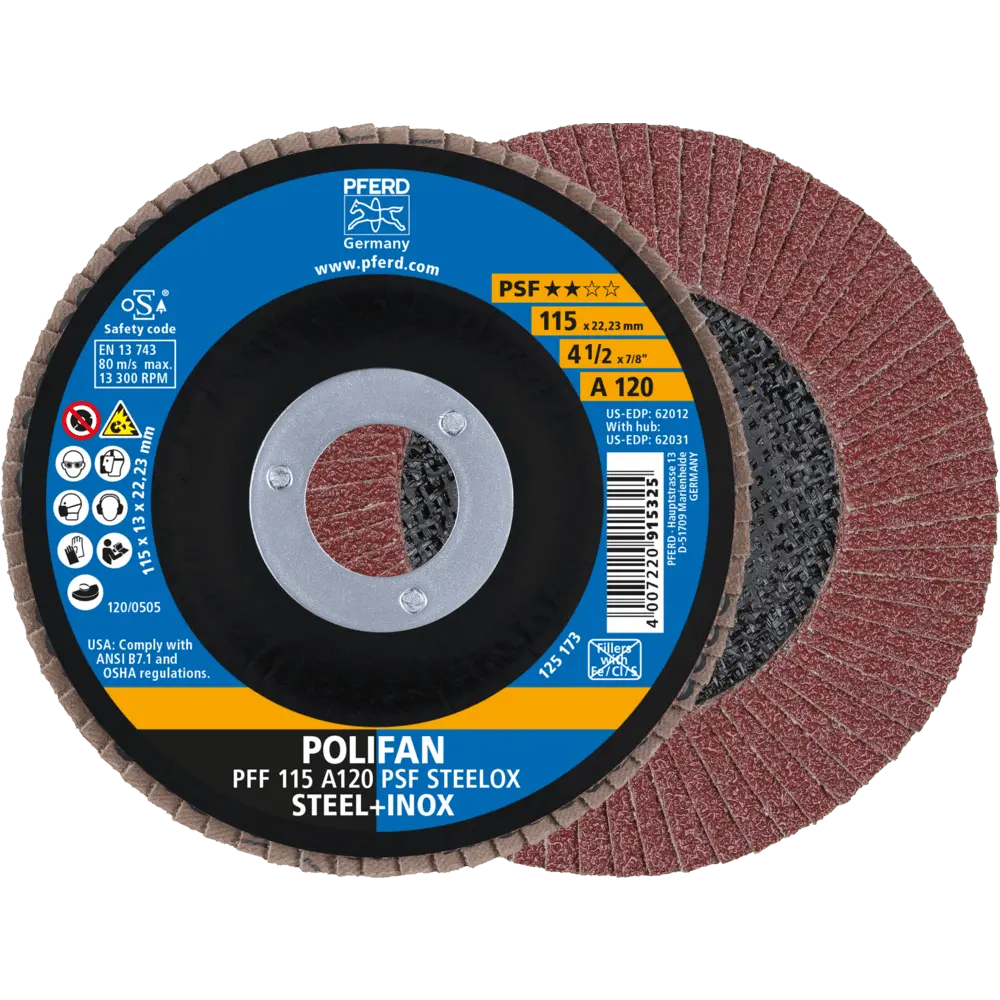 Produktfoto 1 von PFERD TOOLS POLIFAN Fächerscheibe PFF 115x22,23 mm flach A120 Uni.-Linie PSF STEELOX Stahl/Edelstahl, 10 Stk.