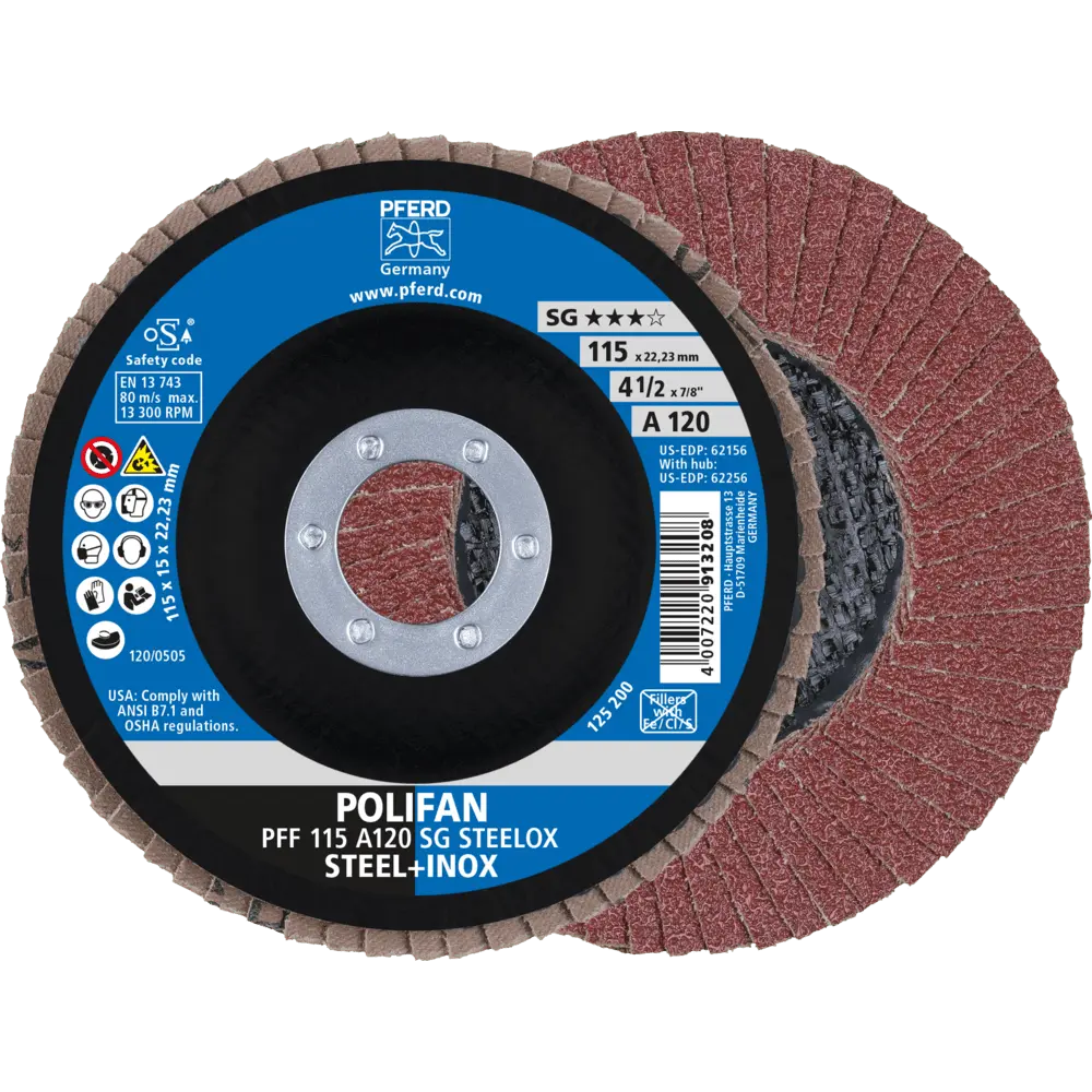 Produktfoto 1 von PFERD TOOLS POLIFAN Fächerscheibe PFF 115x22,23 mm flach A120 Leistungslinie SG STEELOX Stahl/Edelstahl, 10 Stk.