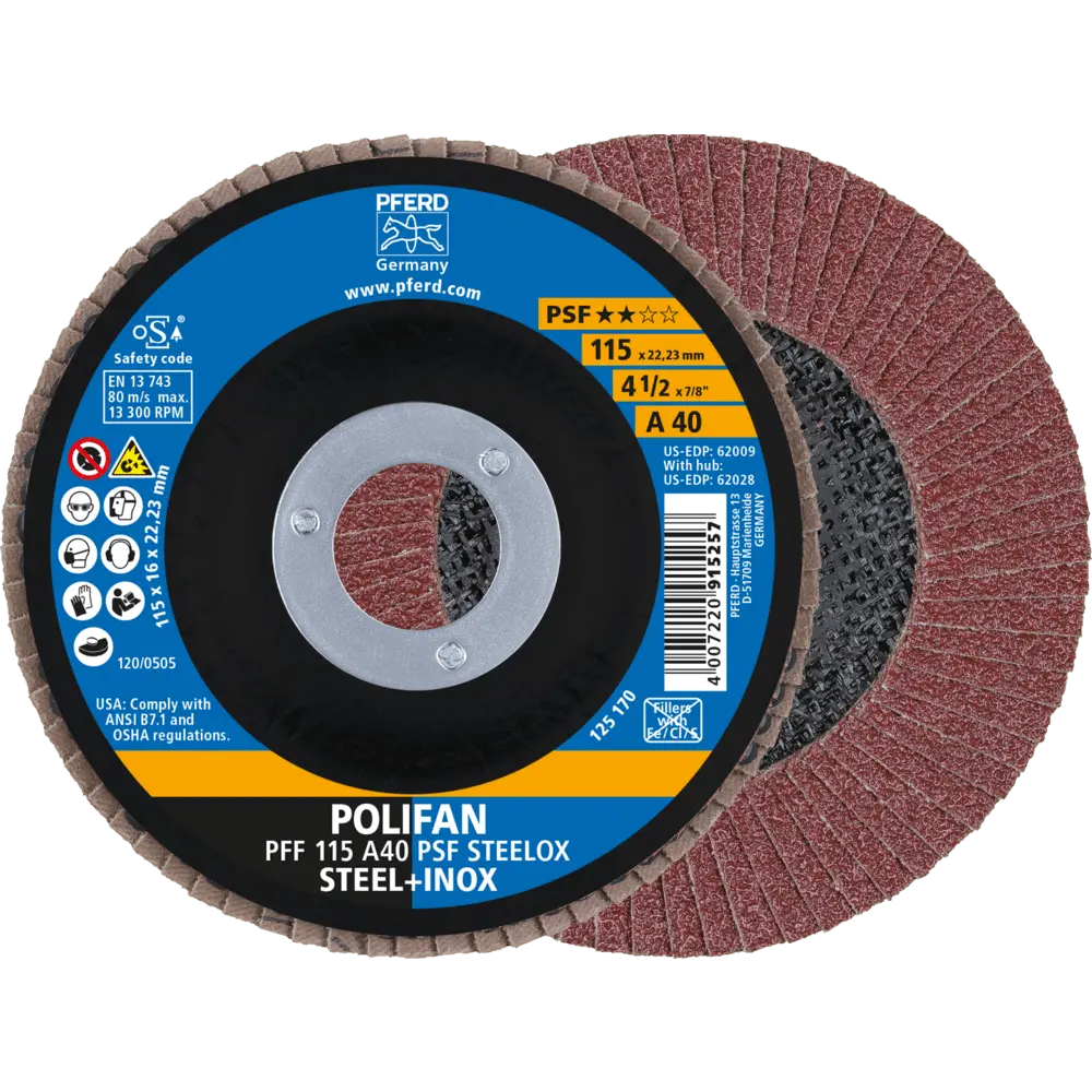 Produktfoto 1 von PFERD TOOLS POLIFAN Fächerscheibe PFF 115x22,23 mm flach A40 Universallinie PSF STEELOX Stahl/Edelstahl, 10 Stk.