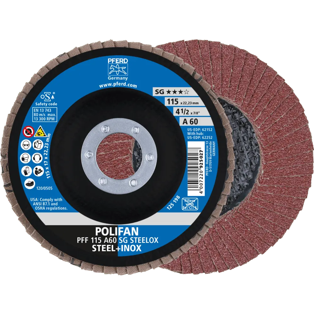 Produktfoto 1 von PFERD TOOLS POLIFAN Fächerscheibe PFF 115x22,23 mm flach A60 Leistungslinie SG STEELOX Stahl/Edelstahl, 10 Stk.