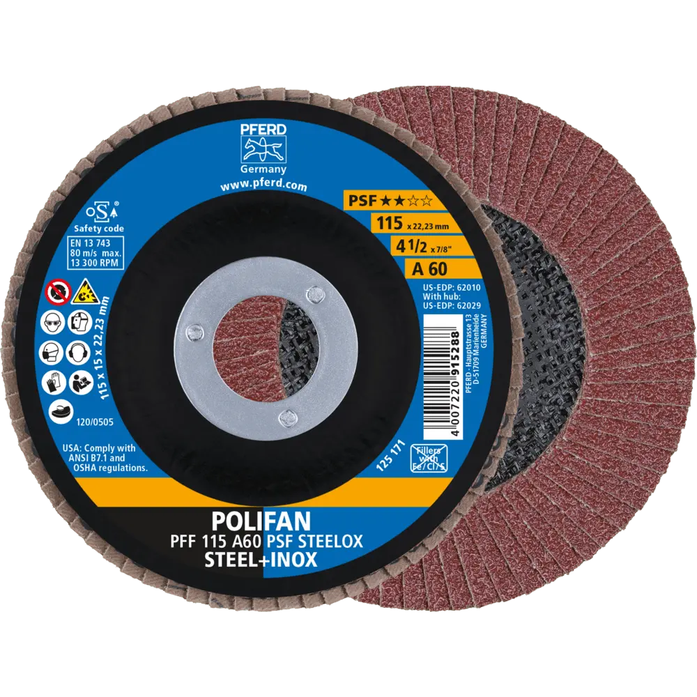 Produktfoto 1 von PFERD TOOLS POLIFAN Fächerscheibe PFF 115x22,23 mm flach A60 Universallinie PSF STEELOX Stahl/Edelstahl, 10 Stk.