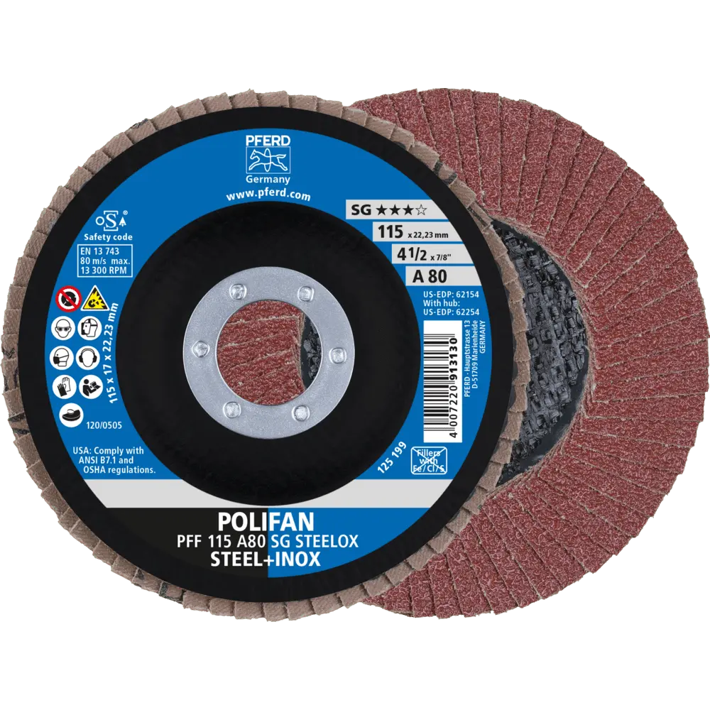 Produktfoto 1 von PFERD TOOLS POLIFAN Fächerscheibe PFF 115x22,23 mm flach A80 Leistungslinie SG STEELOX Stahl/Edelstahl, 10 Stk.