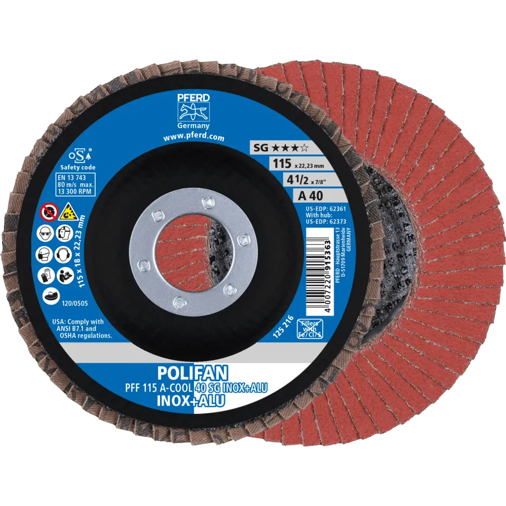 Produktfoto 1 von PFERD TOOLS POLIFAN Fächerscheibe PFF 115x22,23 mm flach A-COOL 40 Leistungslinie SG INOX+ALU Edelstahl/Alu, 10 Stk.