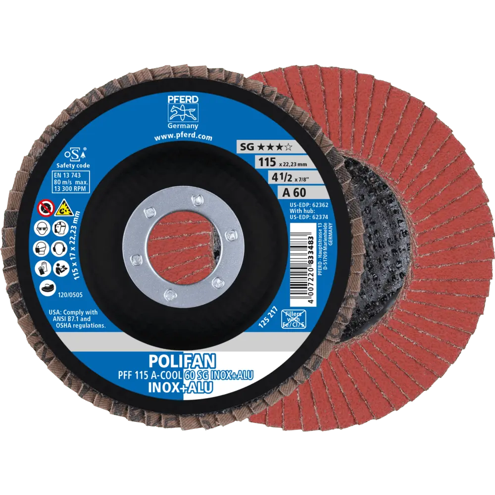 Produktfoto 1 von PFERD TOOLS POLIFAN Fächerscheibe PFF 115x22,23 mm flach A-COOL 60 Leistungslinie SG INOX+ALU Edelstahl/Alu, 10 Stk.