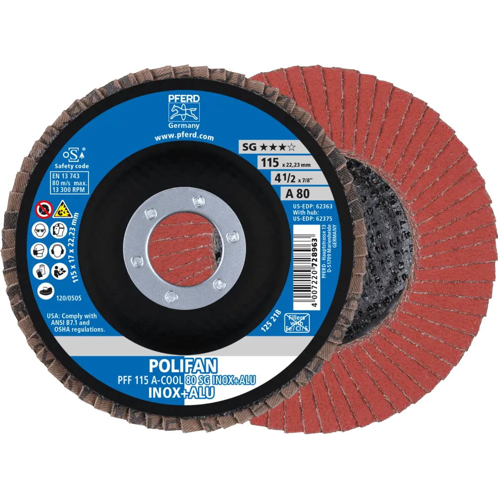 Produktfoto 1 von PFERD TOOLS POLIFAN Fächerscheibe PFF 115x22,23 mm flach A-COOL 80 Leistungslinie SG INOX+ALU Edelstahl/Alu, 10 Stk.