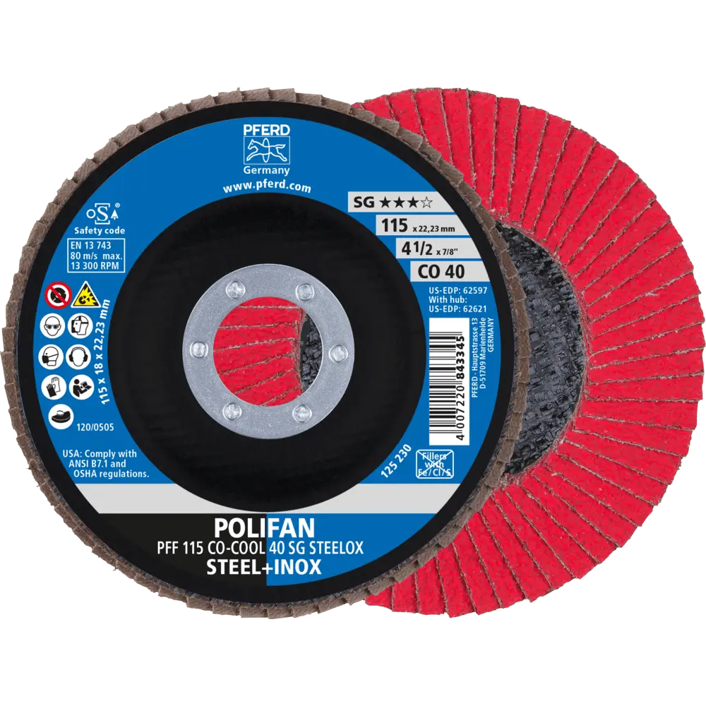 Produktfoto 1 von PFERD TOOLS POLIFAN Fächerscheibe PFF 115x22,23 mm flach CO-COOL 40 Leistungslinie SG STEELOX Stahl/Edelstahl, 10 Stk.