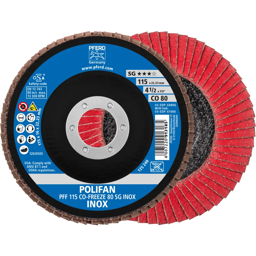 Produktfoto 1 von PFERD TOOLS POLIFAN Fächerscheibe PFF 115x22,23 mm flach CO-FREEZE 80 Leistungslinie SG INOX Edelstahl, 10 Stk.