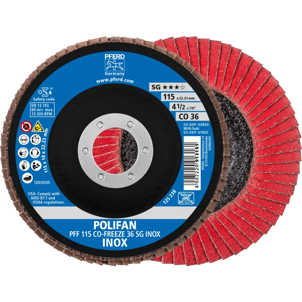 Produktfoto 1 von PFERD TOOLS POLIFAN Fächerscheibe PFF 115x22,23 mm flach CO-FREEZE 36 Leistungslinie SG INOX Edelstahl, 10 Stk.