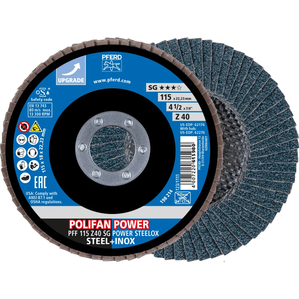 Produktfoto 1 von PFERD TOOLS POLIFAN POWER Fächerscheibe PFF 115x22,23 mm flach Z40 Leistungslinie SG POWER STEELOX Stahl/Edelstahl, 10 Stk.