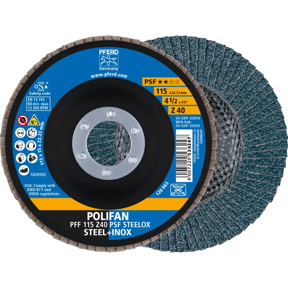 Produktfoto 1 von PFERD TOOLS POLIFAN Fächerscheibe PFF 115x22,23 mm flach Z40 Universallinie PSF STEELOX Stahl/Edelstahl, 10 Stk.