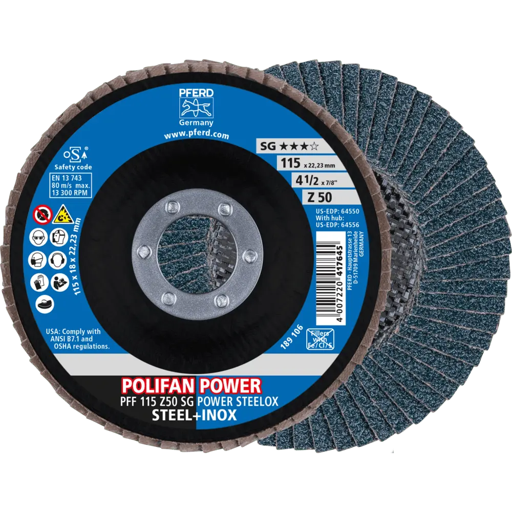 Produktfoto 1 von PFERD TOOLS POLIFAN POWER Fächerscheibe PFF 115x22,23 mm flach Z50 Leistungslinie SG STEELOX für Stahl/Edelstahl, 10 Stk.
