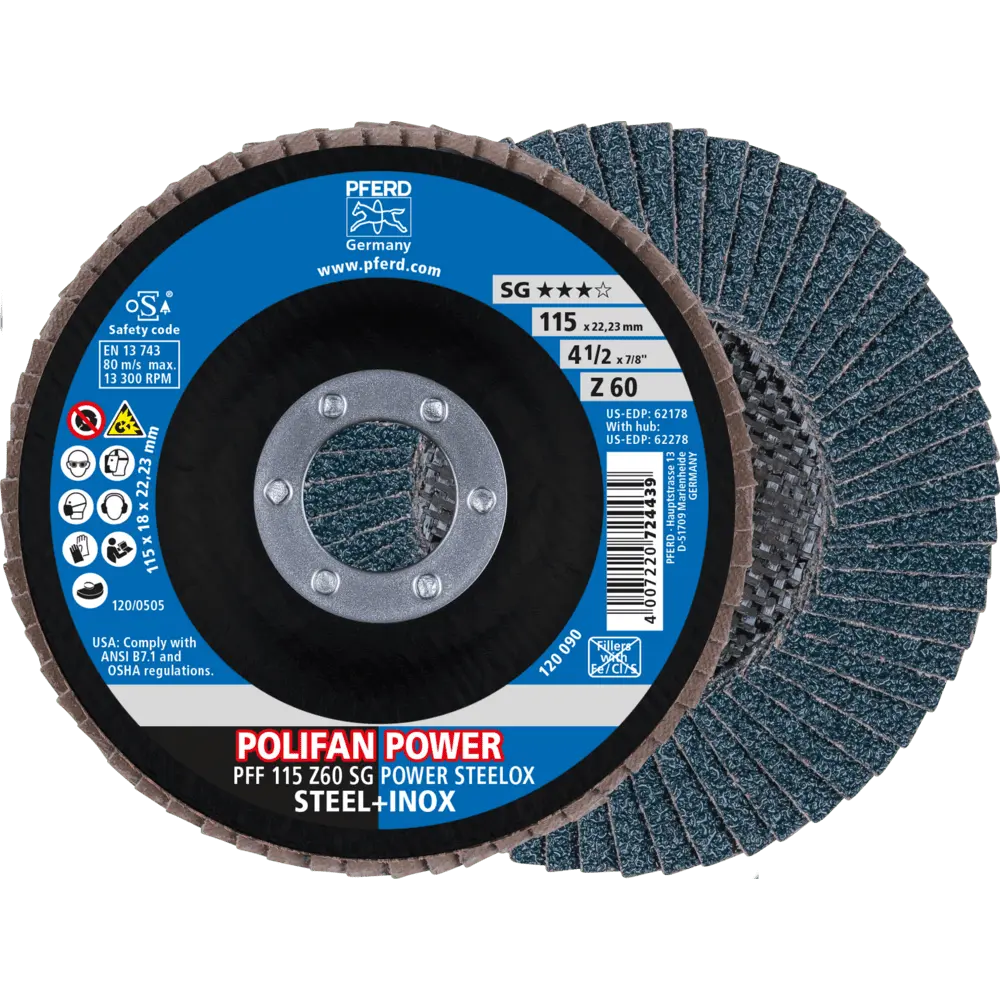 Produktfoto 1 von PFERD TOOLS POLIFAN POWER Fächerscheibe PFF 115x22,23 mm flach Z60 Leistungslinie SG POWER STEELOX Stahl/Edelstahl, 10 Stk.