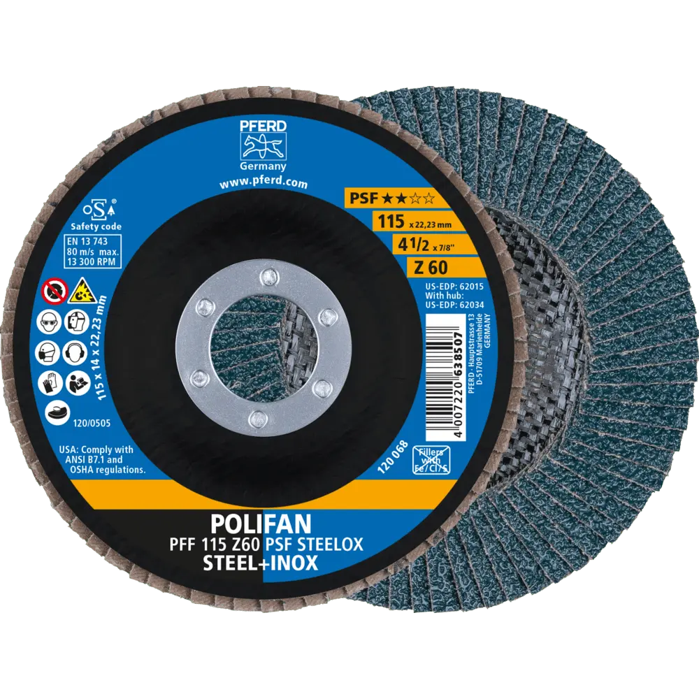 PFERD TOOLS POLIFAN Fächerscheibe PFF 115x22,23 mm flach Z60 Universallinie PSF STEELOX Stahl/Edelstahl, 10 Stk.