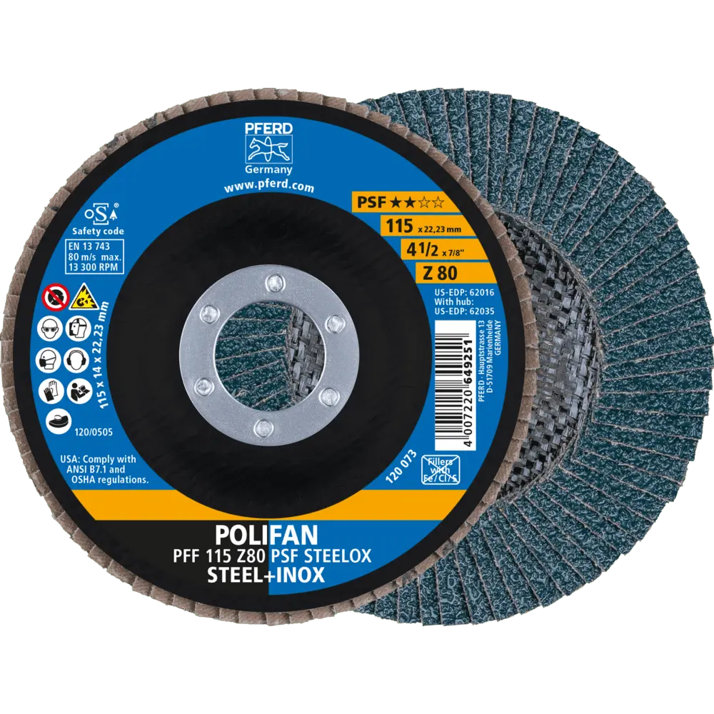 Produktfoto 1 von PFERD TOOLS POLIFAN Fächerscheibe PFF 115x22,23 mm flach Z80 Universallinie PSF STEELOX Stahl/Edelstahl, 10 Stk.