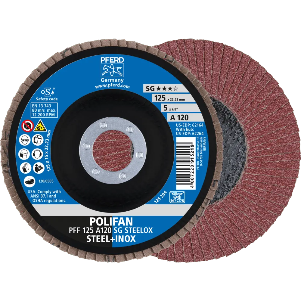 Produktfoto 1 von PFERD TOOLS POLIFAN Fächerscheibe PFF 125x22,23 mm flach A120 Uni.-Linie PSF STEELOX Stahl/Edelstahl, 10 Stk.