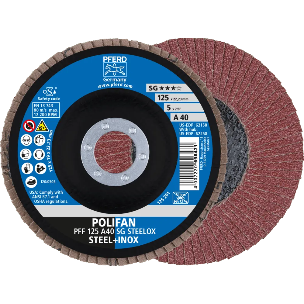 Produktfoto 1 von PFERD TOOLS POLIFAN Fächerscheibe PFF 125x22,23 mm flach A40 Leistungslinie SG STEELOX Stahl/Edelstahl, 10 Stk.