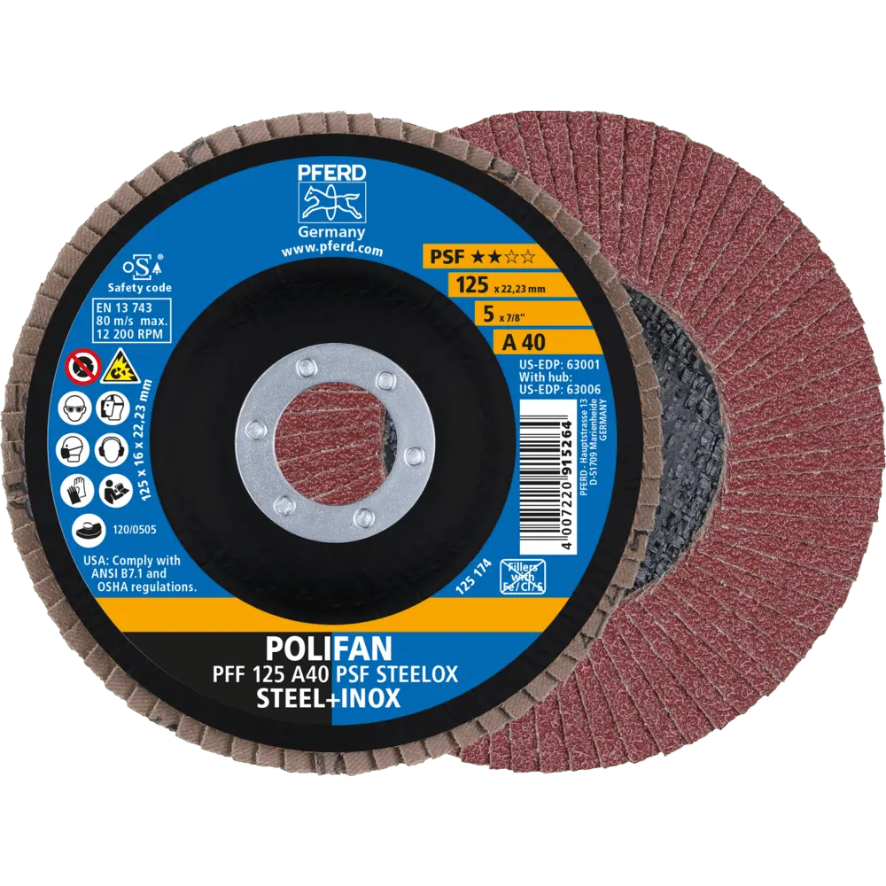 Produktfoto 1 von PFERD TOOLS POLIFAN Fächerscheibe PFF 125x22,23 mm flach A40 Universallinie PSF STEELOX Stahl/Edelstahl, 10 Stk.