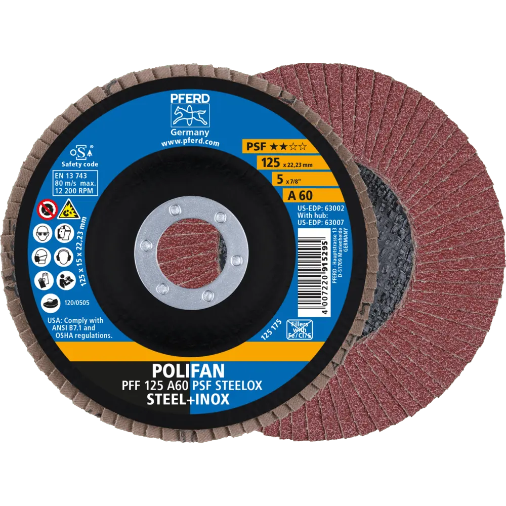 Produktfoto 1 von PFERD TOOLS POLIFAN Fächerscheibe PFF 125x22,23 mm flach A60 Universallinie PSF STEELOX Stahl/Edelstahl, 10 Stk.