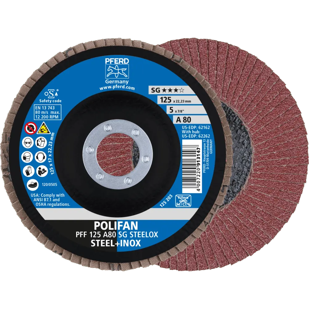 Produktfoto 1 von PFERD TOOLS POLIFAN Fächerscheibe PFF 125x22,23 mm flach A80 Leistungslinie SG STEELOX Stahl/Edelstahl, 10 Stk.