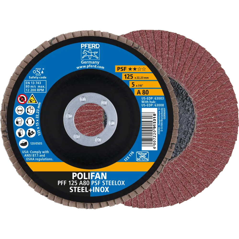 Produktfoto 1 von PFERD TOOLS POLIFAN Fächerscheibe PFF 125x22,23 mm flach A80 Universallinie PSF STEELOX Stahl/Edelstahl, 10 Stk.