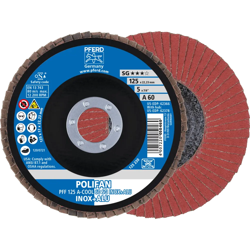 Produktfoto 1 von PFERD TOOLS POLIFAN Fächerscheibe PFF 125x22,23 mm flach A-COOL 60 SG INOX+ALU Edelstahl/Alu, 10 Stk.