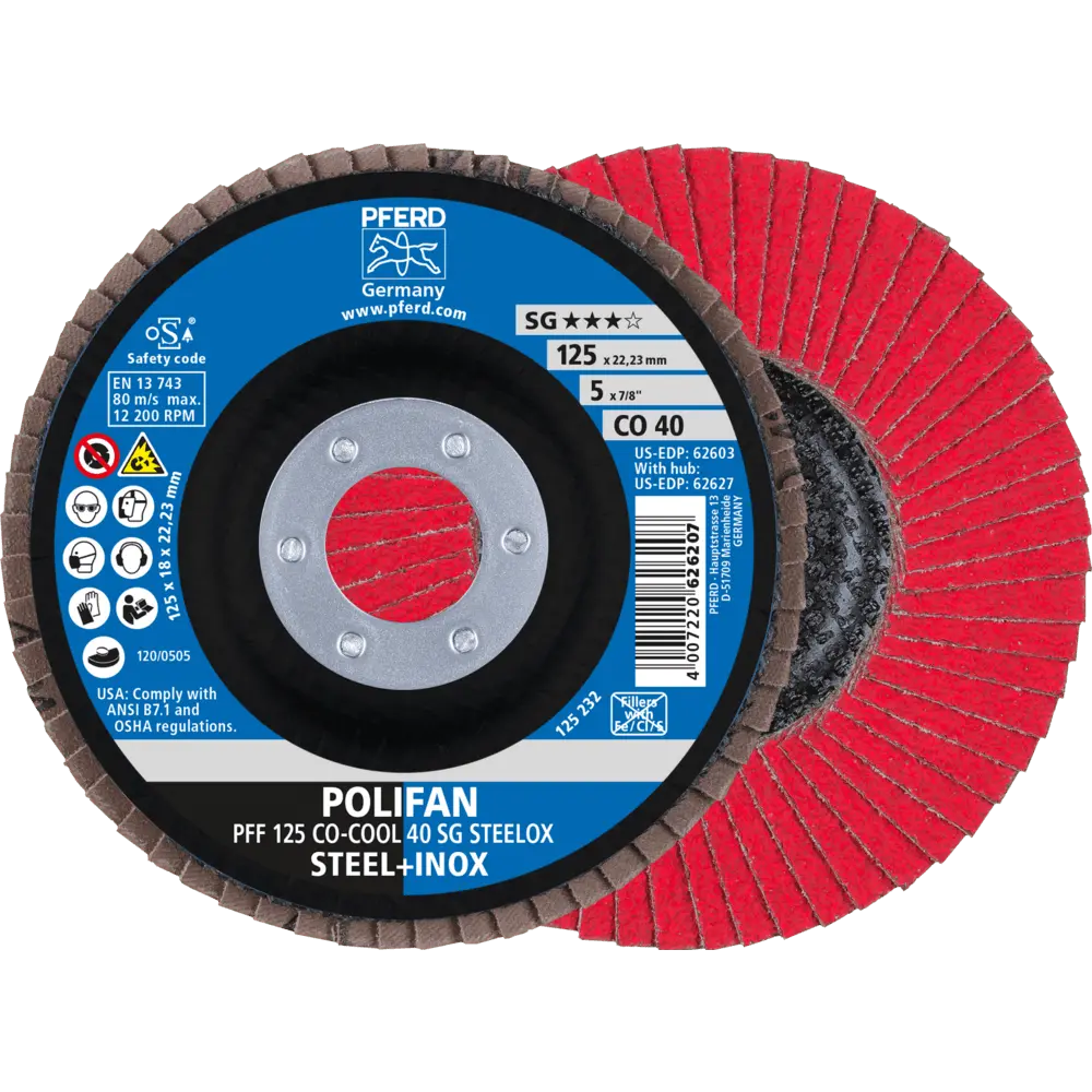Produktfoto 1 von PFERD TOOLS POLIFAN Fächerscheibe PFF 125x22,23 mm flach CO-COOL 40 SG STEELOX Stahl/Edelstahl, 10 Stk.