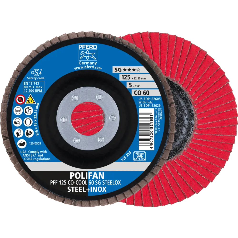 Produktfoto 1 von PFERD TOOLS POLIFAN Fächerscheibe PFF 125x22,23 mm flach CO-COOL 60 SG STEELOX Stahl/Edelstahl, 10 Stk.