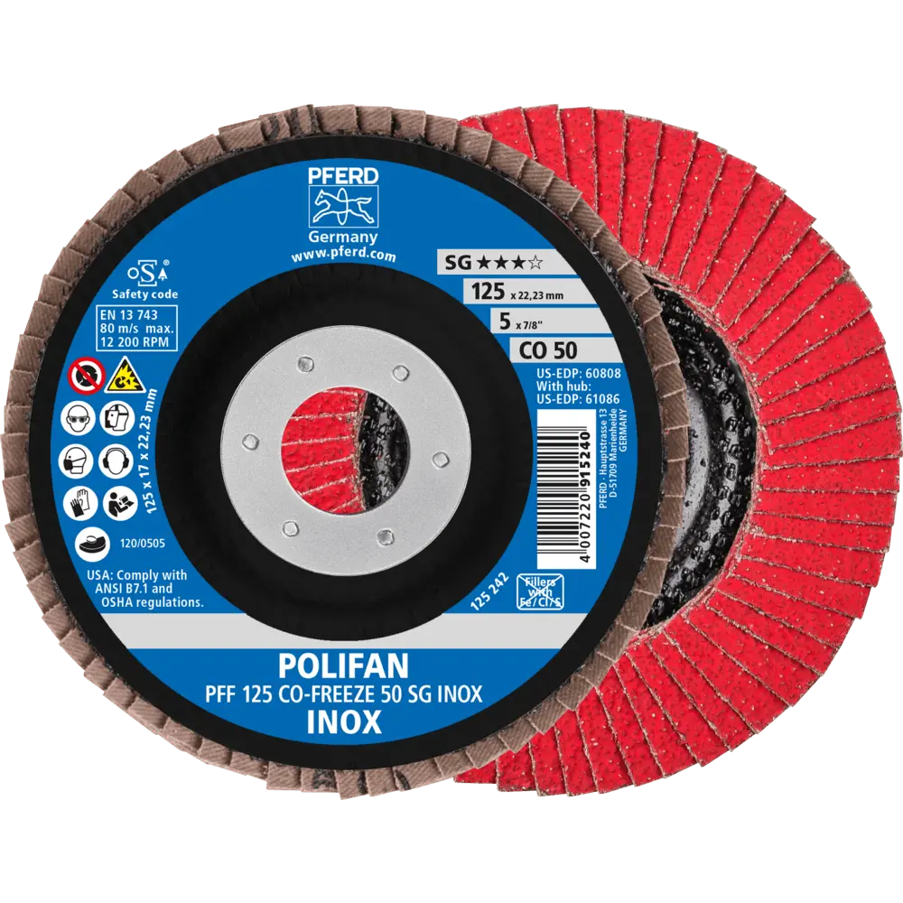 Produktfoto 1 von PFERD TOOLS POLIFAN Fächerscheibe PFF 125x22,23 mm flach CO-FREEZE 50 Leistungslinie SG INOX Edelstahl, 10 Stk.