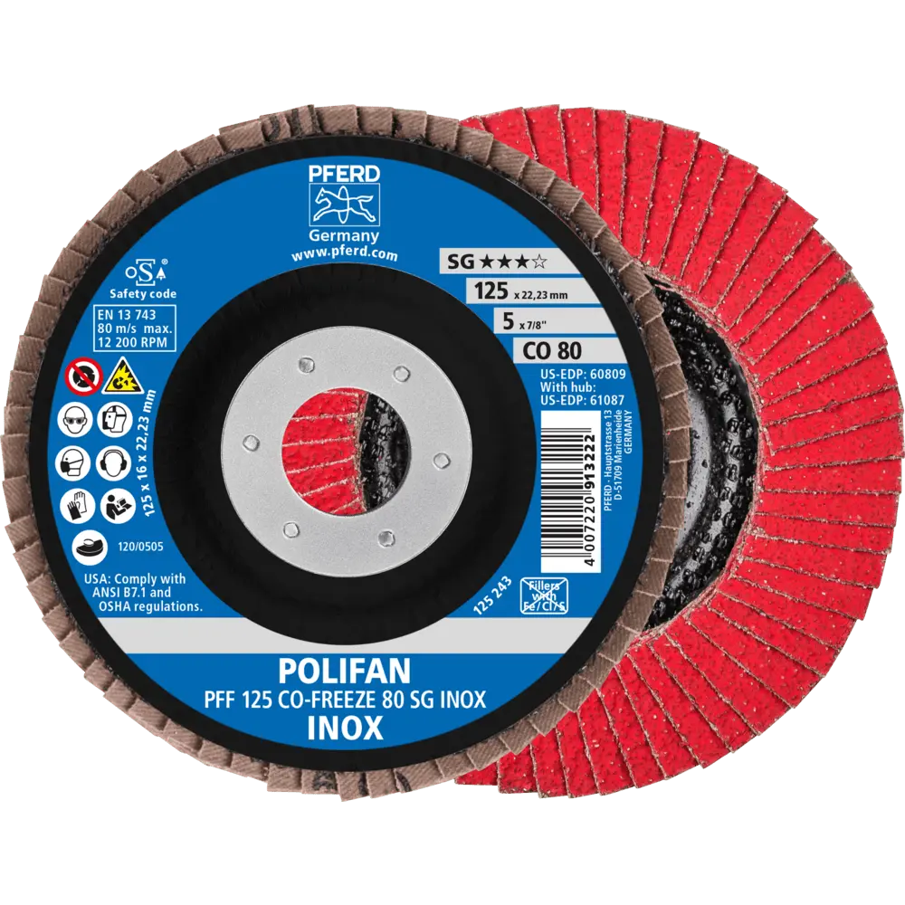 Produktfoto 1 von PFERD TOOLS POLIFAN Fächerscheibe PFF 125x22,23 mm flach CO-FREEZE 80 Leistungslinie SG INOX Edelstahl, 10 Stk.