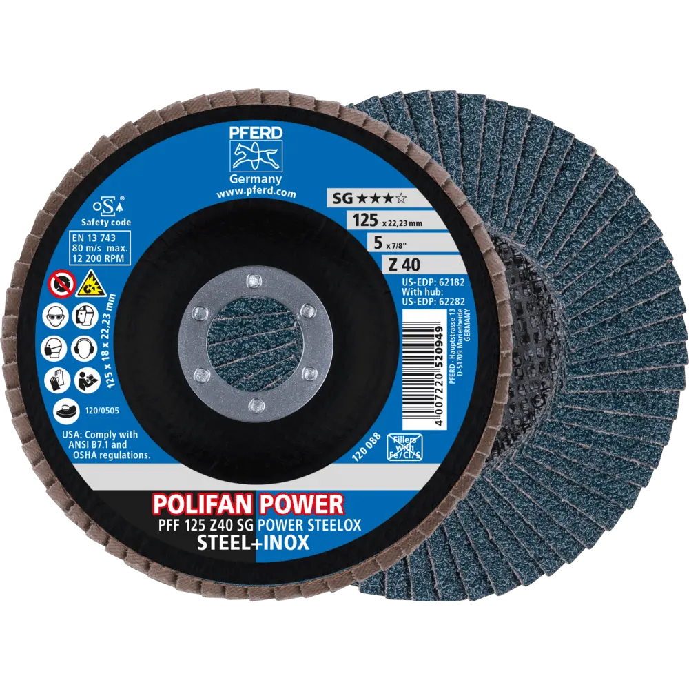 Produktfoto 1 von PFERD TOOLS POLIFAN POWER Fächerscheibe PFF 125x22,23 mm flach Z40 Leistungslinie SG POWER STEELOX Stahl/Edelstahl, 10 Stk.