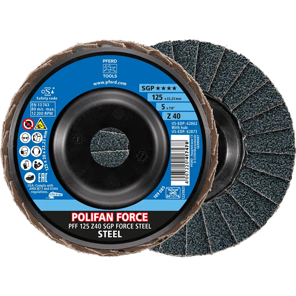 Produktfoto 1 von PFERD TOOLS POLIFAN FORCE Fächerscheibe PFF 125x22,23 mm flach Z40 Speziallinie SGP STEEL für Stahl, 10 Stk.