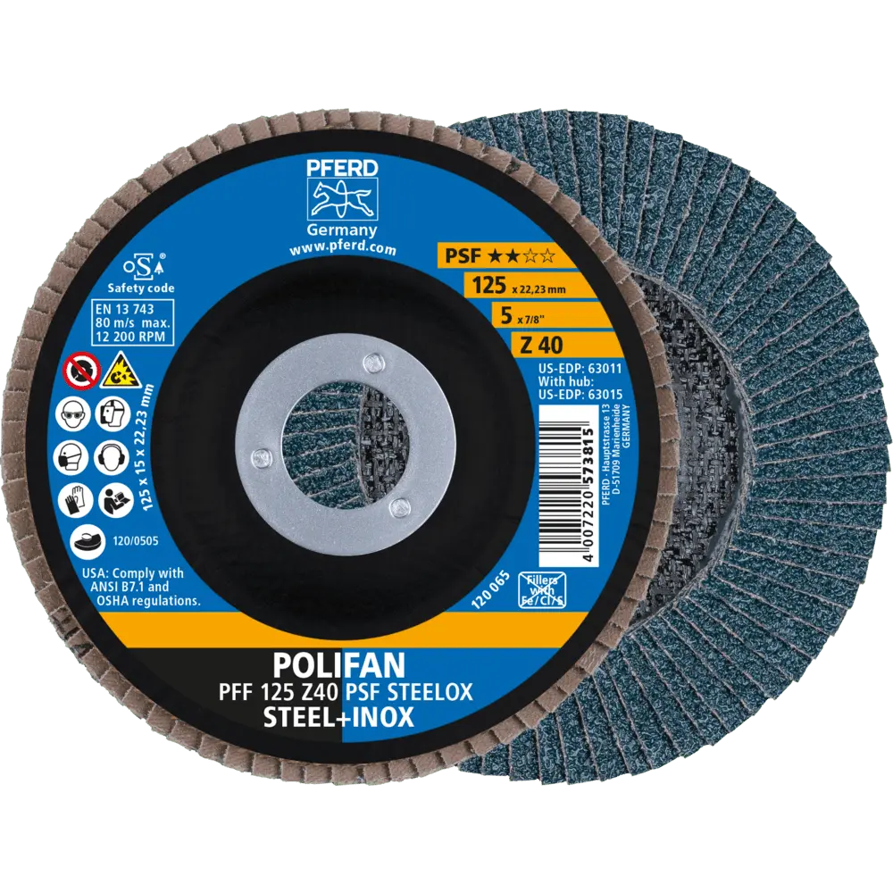 Produktfoto 1 von PFERD TOOLS POLIFAN Fächerscheibe PFF 125x22,23 mm flach Z40 Universallinie PSF STEELOX Stahl/Edelstahl, 10 Stk.