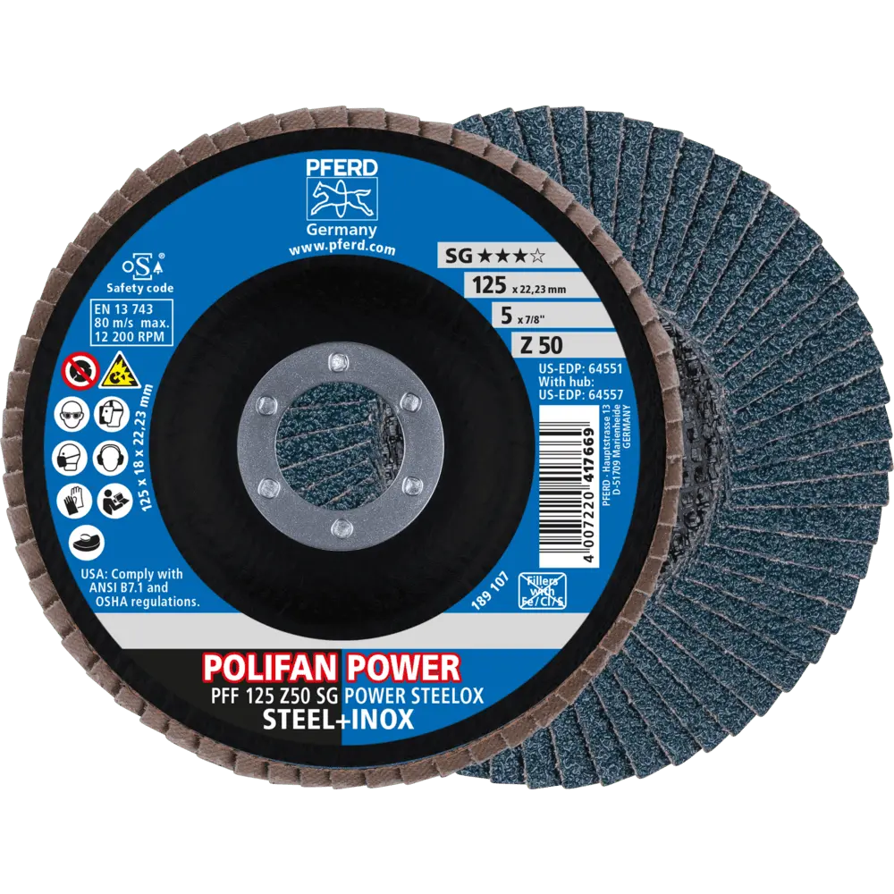 Produktfoto 1 von PFERD TOOLS POLIFAN POWER Fächerscheibe PFF125x22,23 mm flach Z50 Leistungslinie SG STEELOX für Stahl/Edelstahl, 10 Stk.