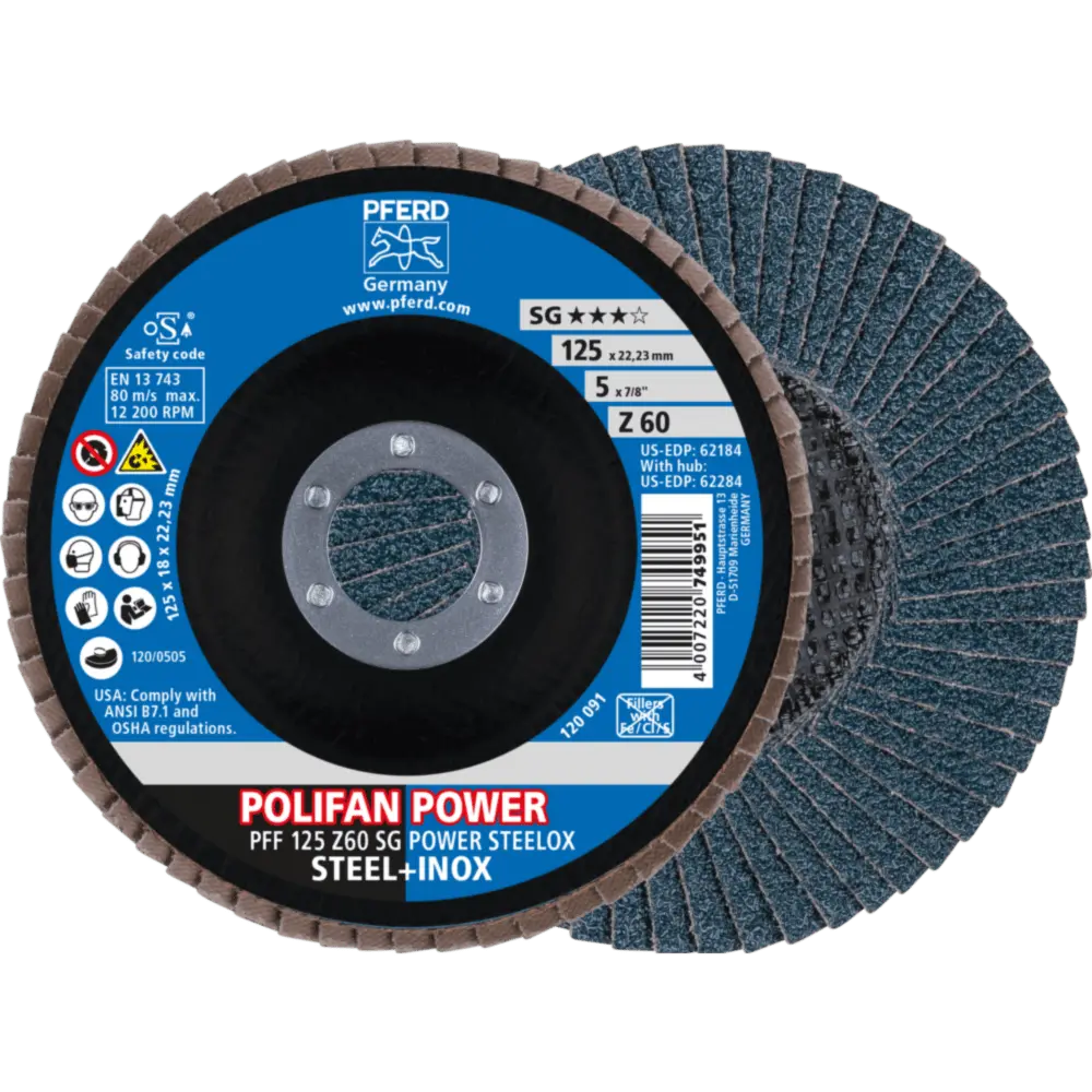 Produktfoto 1 von PFERD TOOLS POLIFAN POWER Fächerscheibe PFF 125x22,23 mm flach Z60 Leistungslinie SG POWER STEELOX Stahl/Edelstahl, 10 Stk.