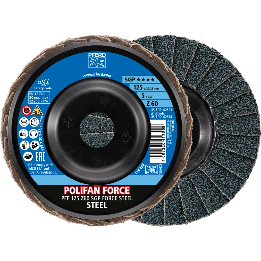 Produktfoto 1 von PFERD TOOLS POLIFAN FORCE Fächerscheibe PFF 125x22,23 mm flach Z60 Speziallinie SGP STEEL für Stahl, 10 Stk.